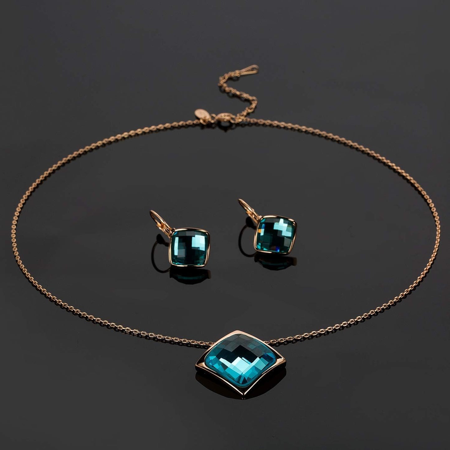 Square Austrian Crystal Necklace Earrings for Women Fashion 18K Gold Plated Hypoallergenic Jewelry Set