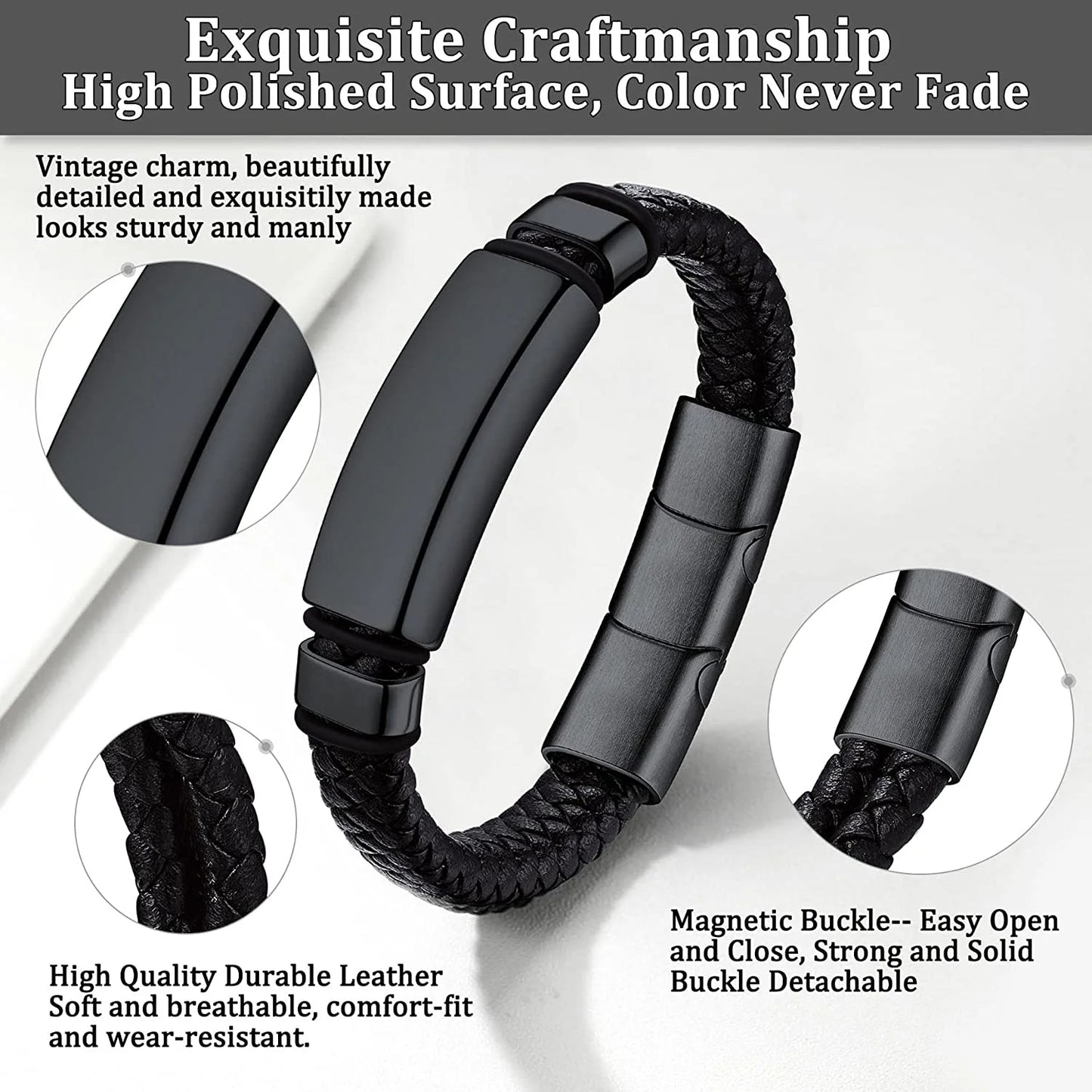 Braided Leather Bracelet for Men Stainless Steel ID Tag Bracelet Wristband Jewelry Gifts for Father'S Day Birthday Christmas