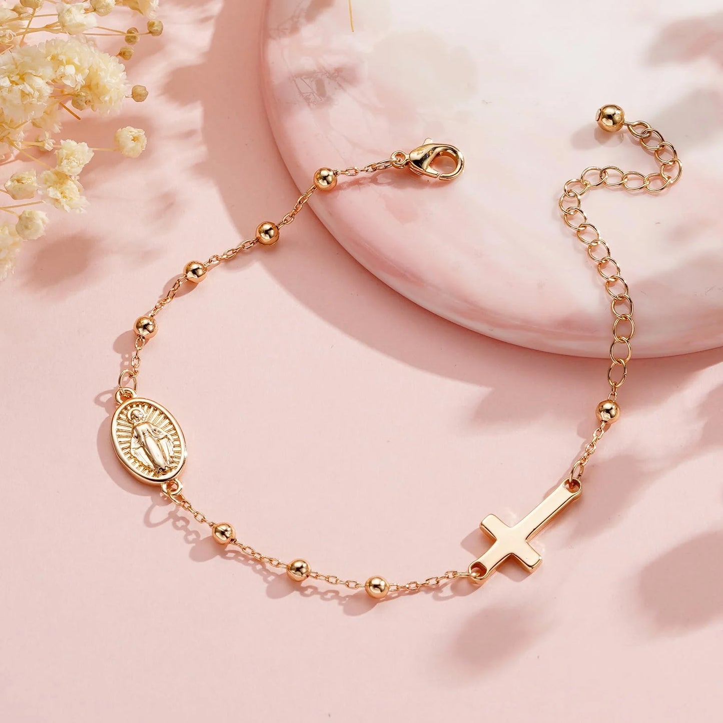 Catholic First Communion Confirmation Gifts for Teen Girls,Rosary Beads Virgin Mary Cross Charm Link Adjustable 6-8 Inch Chain Silver Bracelet Religious Baptism Jewelry Gift for Teenage Girl