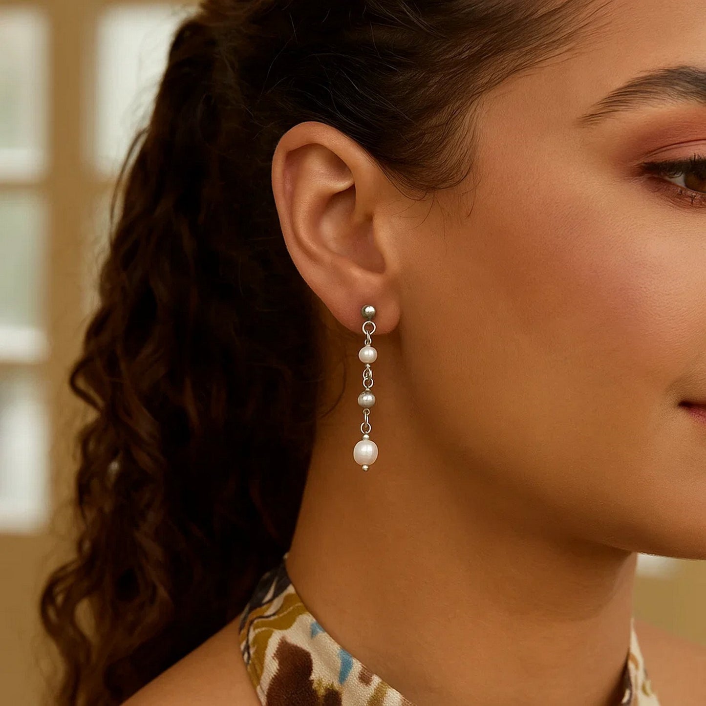 Sterling Silver Freshwater Pearl Bead Drop Earrings