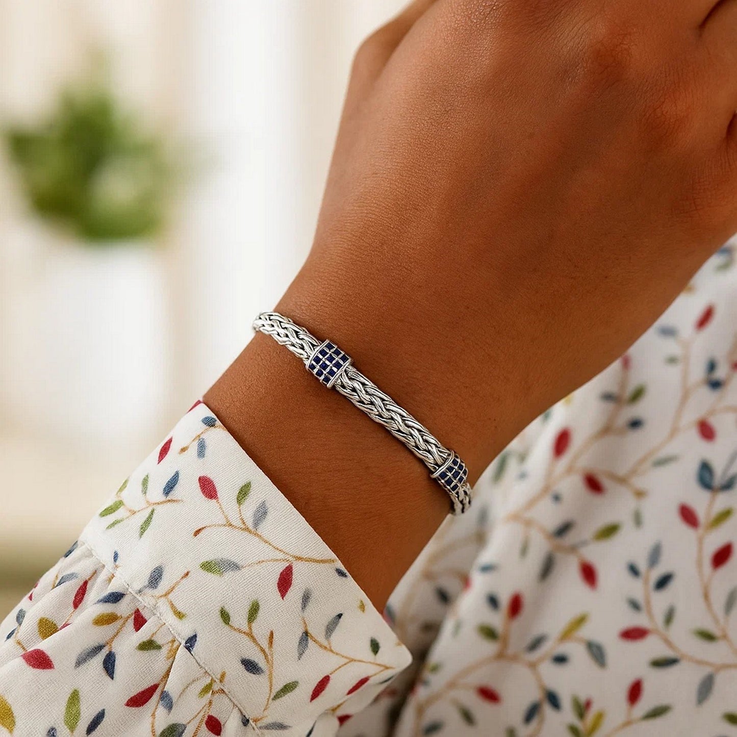 Sterling Silver Woven Bracelet with Blue Sapphire Stations (6.35 mm)