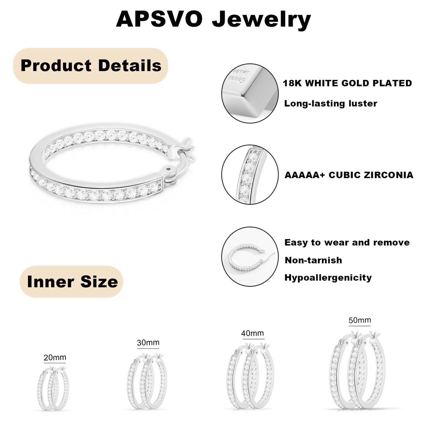 2 Pairs 18K White Gold Plated Hoop Earrings for Women CZ S925 Sterling Silver Post Hypoallergenic Earrings Set Birthday Christmas Jewelry Gifts Mom Girlfriend Adult Stocking Stuffers 40/50MM