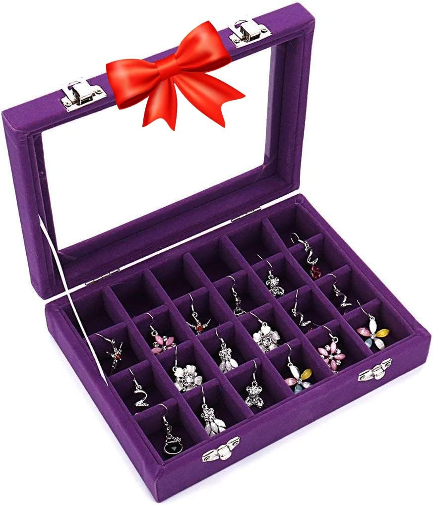 Velvet Earring Jewelry Box - 24 Grid Small Jewelry Earring Organizer Box with Snap Button - Earring Holder for Girls and Teen, Secure and Travel Friendly (Purple)