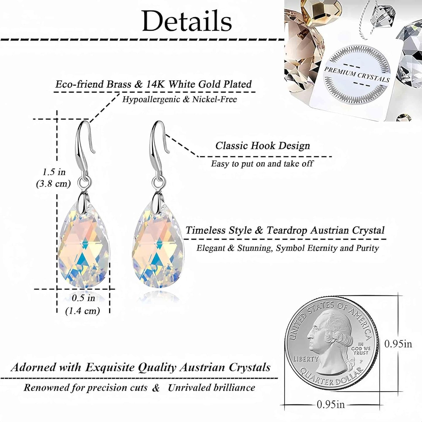 Austrian Crystal Teardrop Dangle Hook Earrings for Women 14K Gold Plated Hypoallergenic Jewelry