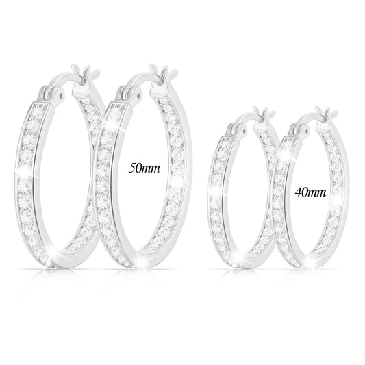 2 Pairs 18K White Gold Plated Hoop Earrings for Women CZ S925 Sterling Silver Post Hypoallergenic Earrings Set Birthday Christmas Jewelry Gifts Mom Girlfriend Adult Stocking Stuffers 40/50MM
