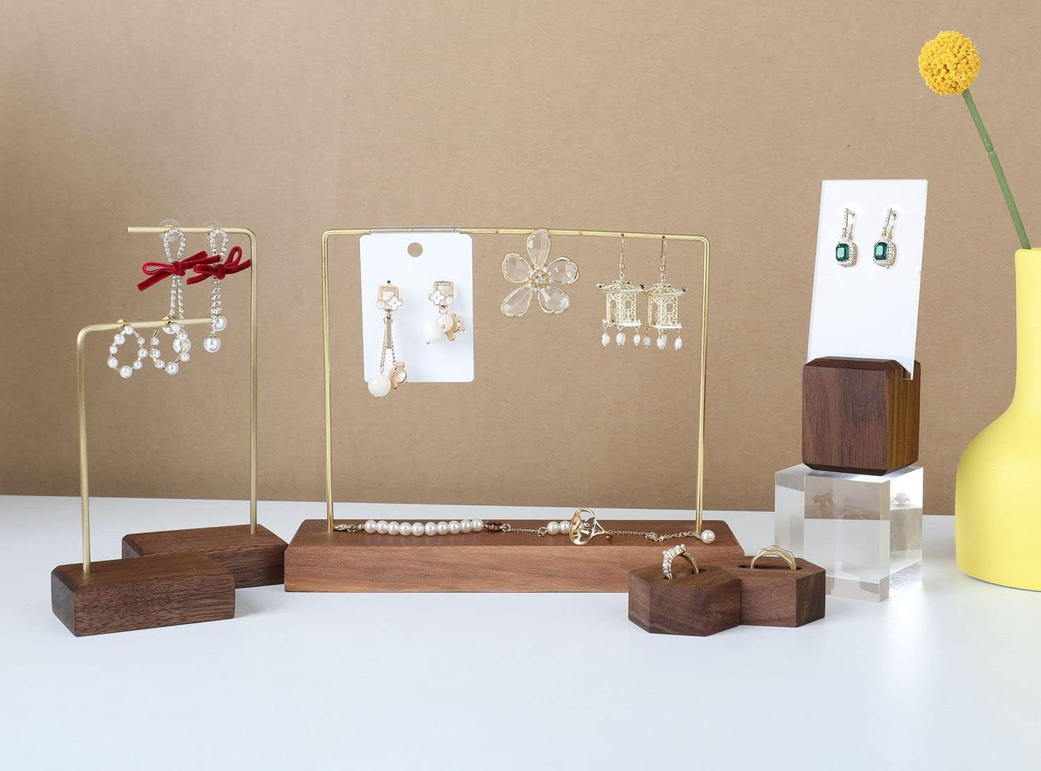 Walnut Earring Holder for Selling, Brass Earring Stands and Displays for Show, Wood Jewelry Storage Hanging Shelf for Girl Woman【Walnut U Shelf Height 5.91"-Small】