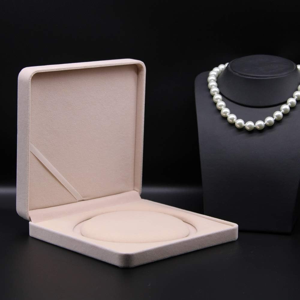 Jewelry Set Velvet Box Necklace Earring Ring Necklace Bracelet Gift Display Case Wedding Jewelry Storage Holder (Beige for Pearl Necklace)