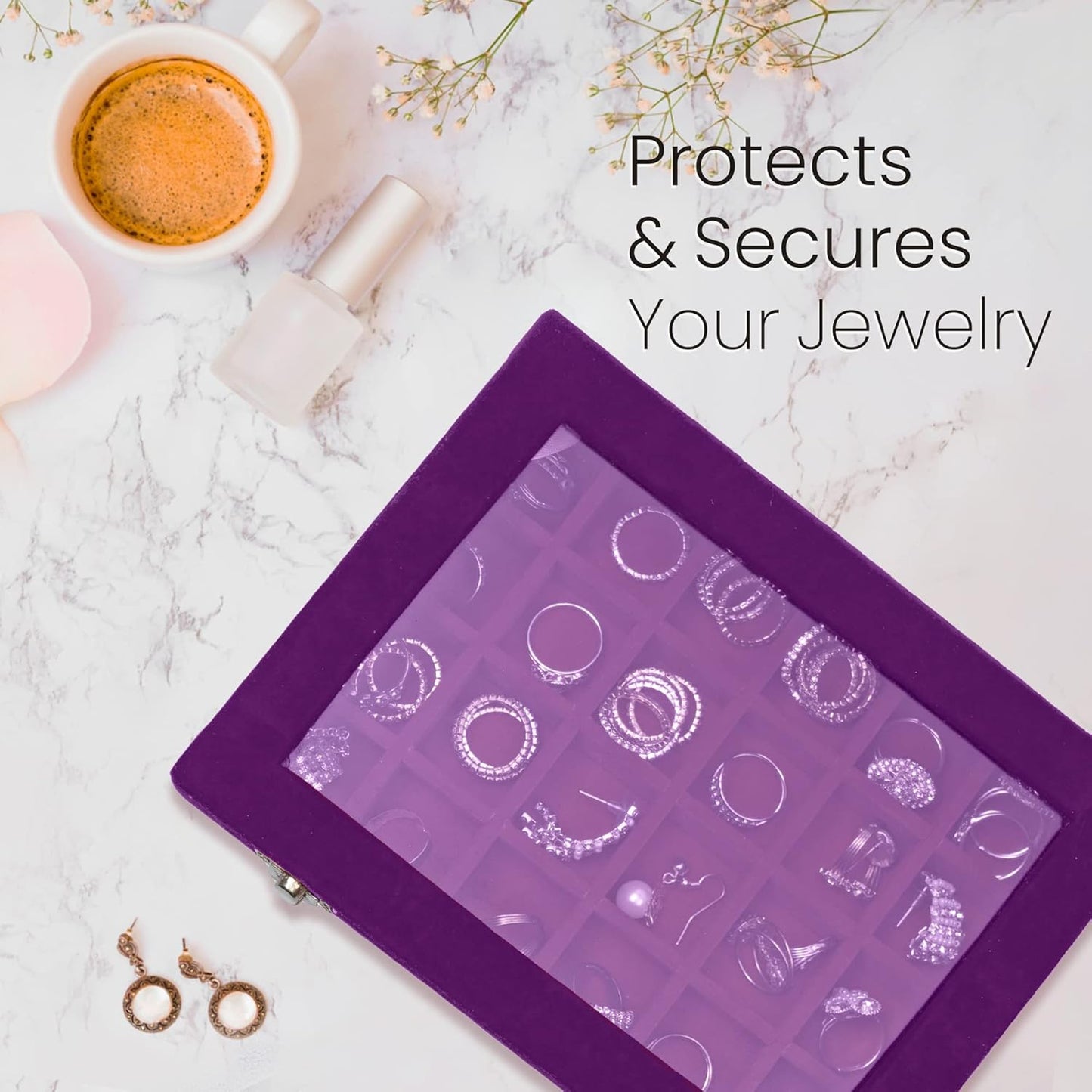 Velvet Earring Jewelry Box - 24 Grid Small Jewelry Earring Organizer Box with Snap Button - Earring Holder for Girls and Teen, Secure and Travel Friendly (Purple)
