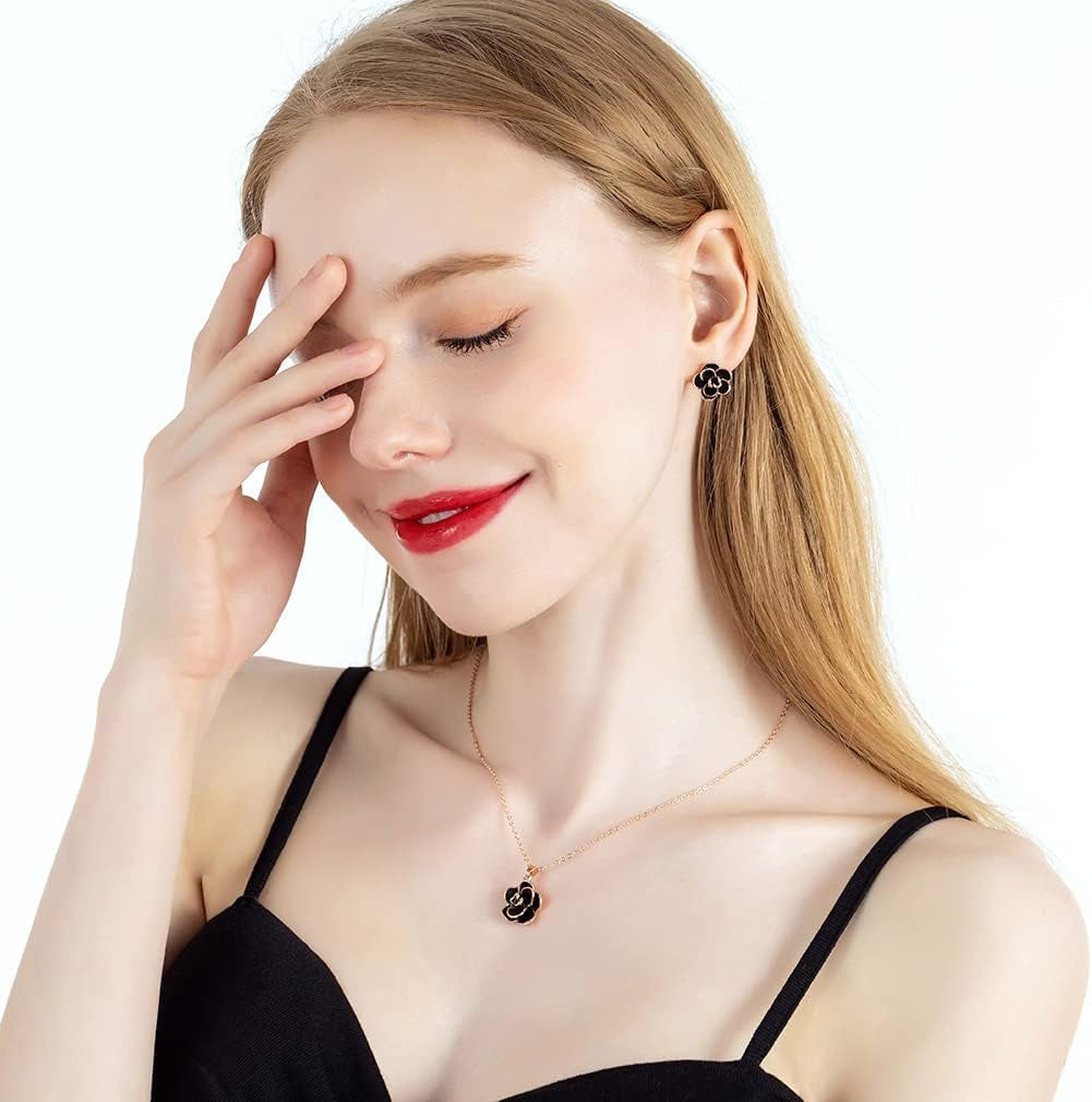 Rose Flower Necklace Earrings Set for Women 18K Gold Plated Hypoallergenic Jewelry Sets