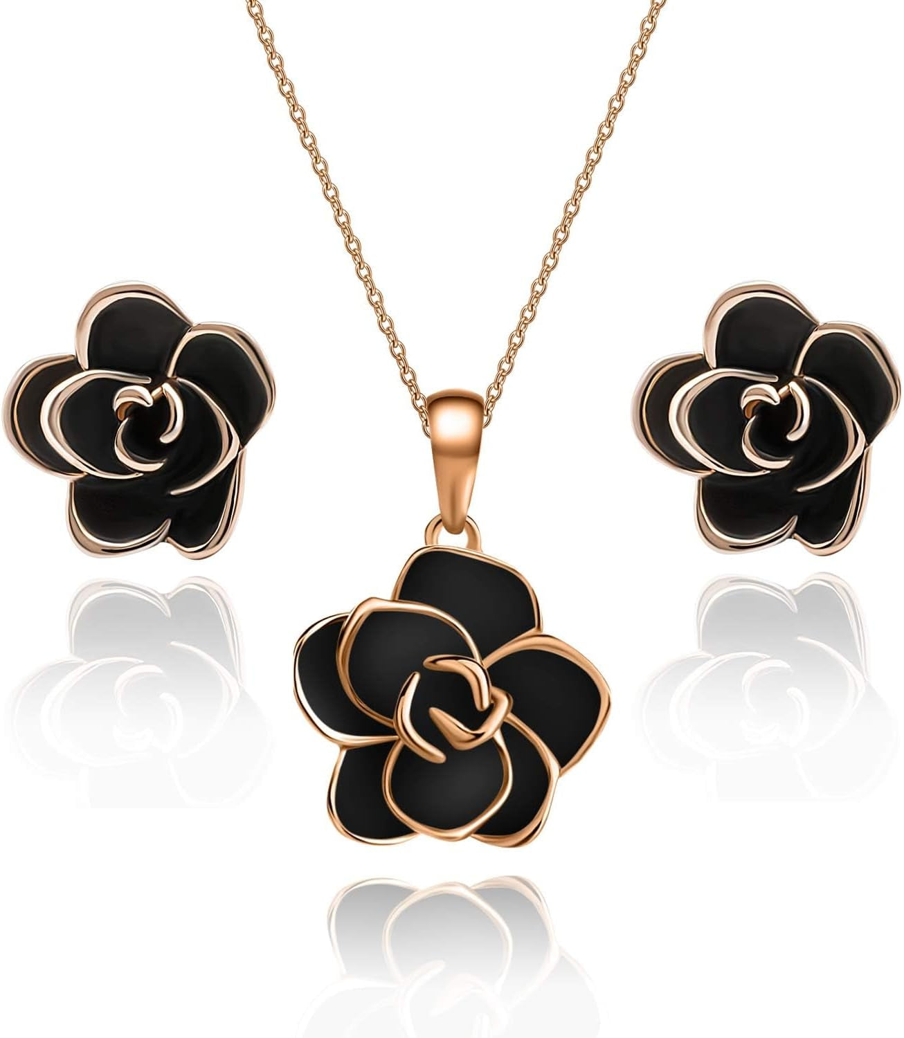 Rose Flower Necklace Earrings Set for Women 18K Gold Plated Hypoallergenic Jewelry Sets