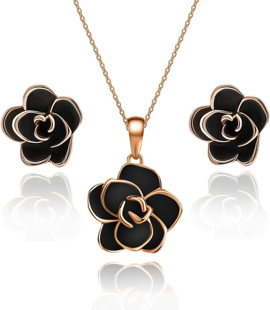 Rose Flower Necklace Earrings Set for Women 18K Gold Plated Hypoallergenic Jewelry Sets