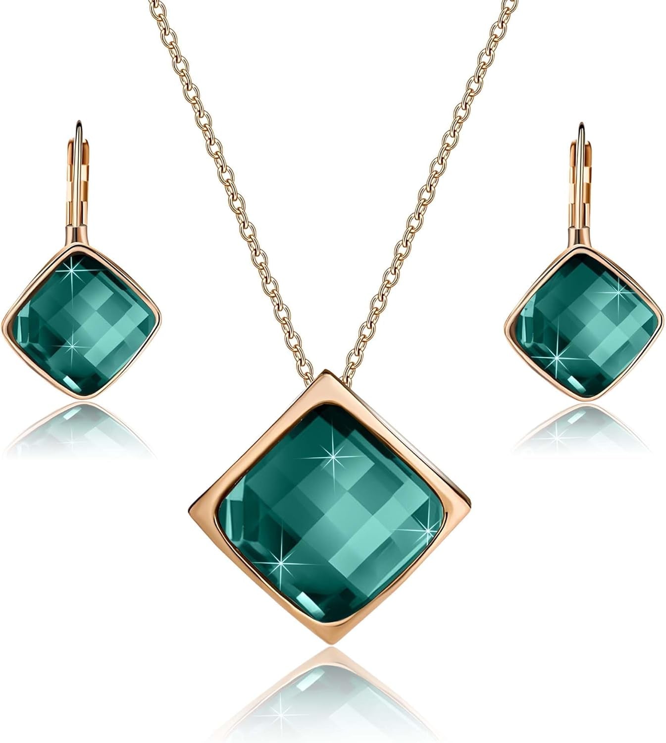 Square Austrian Crystal Necklace Earrings for Women Fashion 18K Gold Plated Hypoallergenic Jewelry Set