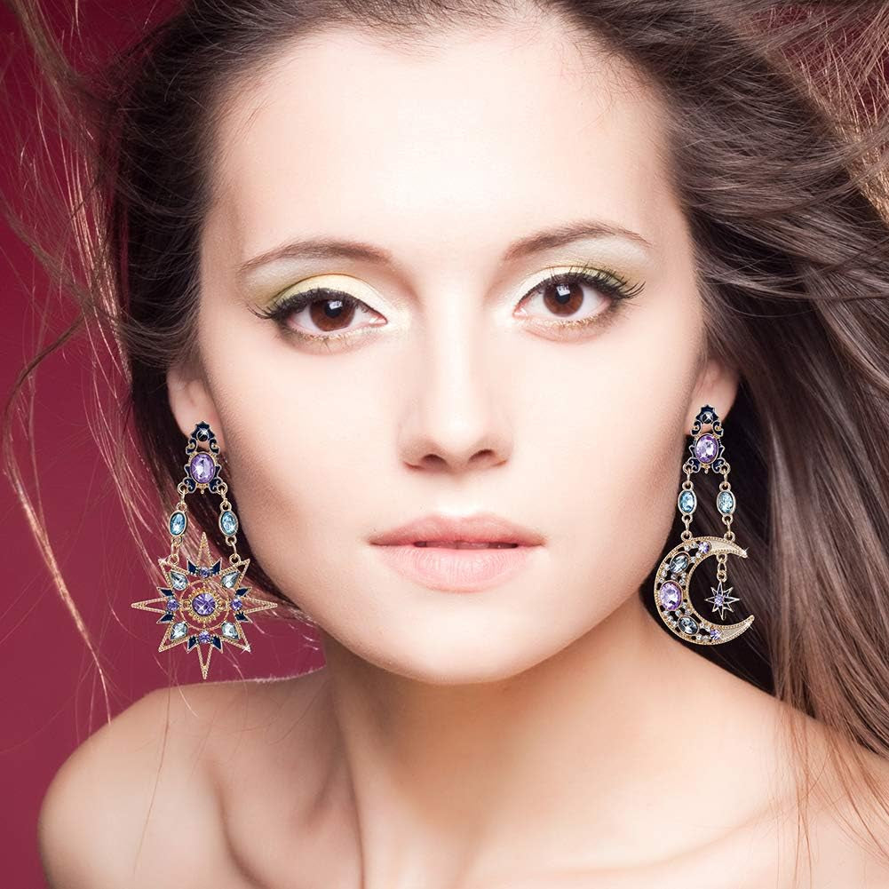 Moon Star Earring with Chain - Moon Earrings Dangle - Sun and Moon Earrings for Women,Gift for Wedding or Daily Wear (Retro Gold)