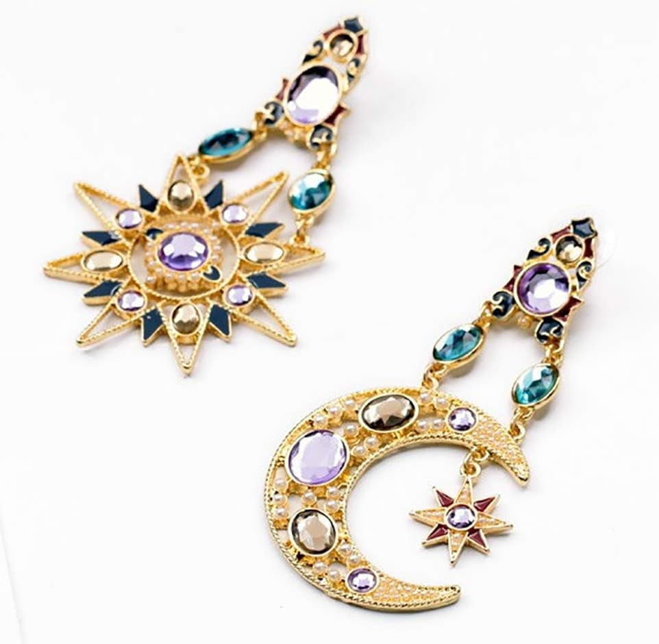 Moon Star Earring with Chain - Moon Earrings Dangle - Sun and Moon Earrings for Women,Gift for Wedding or Daily Wear (Retro Gold)
