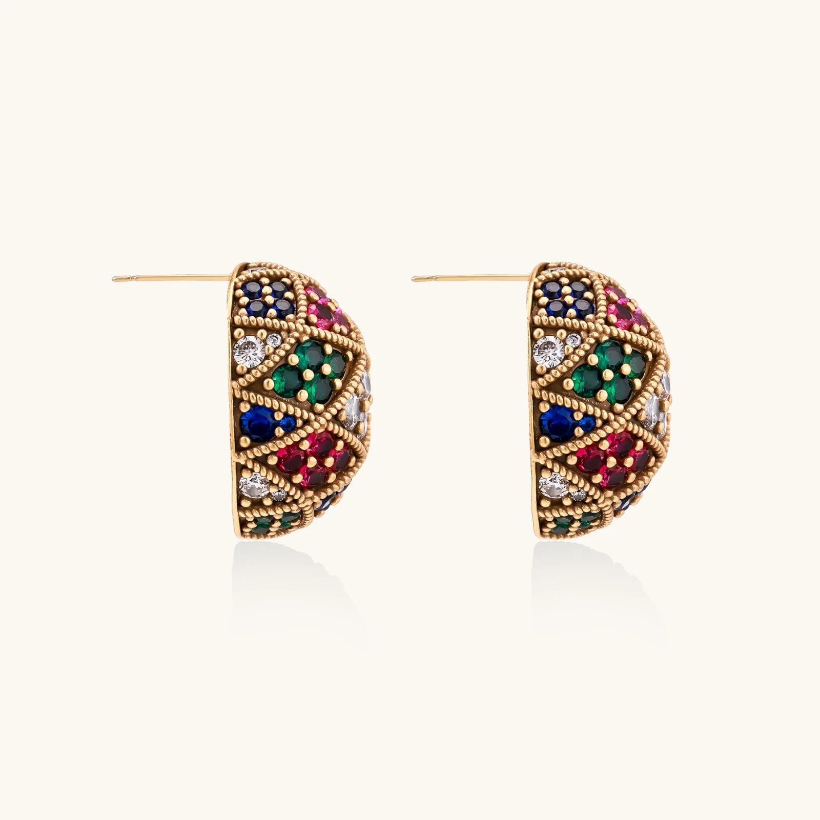 Oval gold-plated stud earrings with multicolor zirconia stones in geometric mosaic pattern