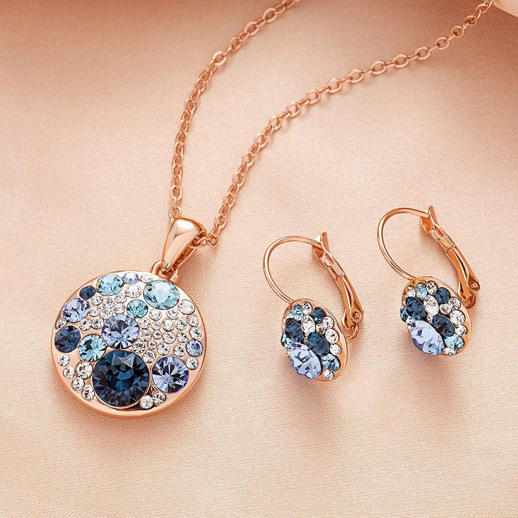 Austrian Crystals round Disc Pendant Necklace Earrings for Women 14K Gold Plated Hypoallergenic Jewelry Sets