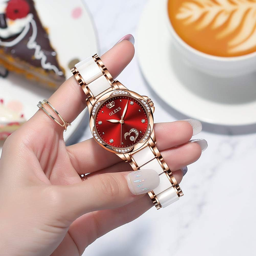 Watch Women,Automatic Watches for Women with Two Tone Stainless Steel Bracelet, Elegent Rose Gold Women'S Watches,Diamond Dress Watches for Women,Blue/Red/White Dial Reloj Para Muje