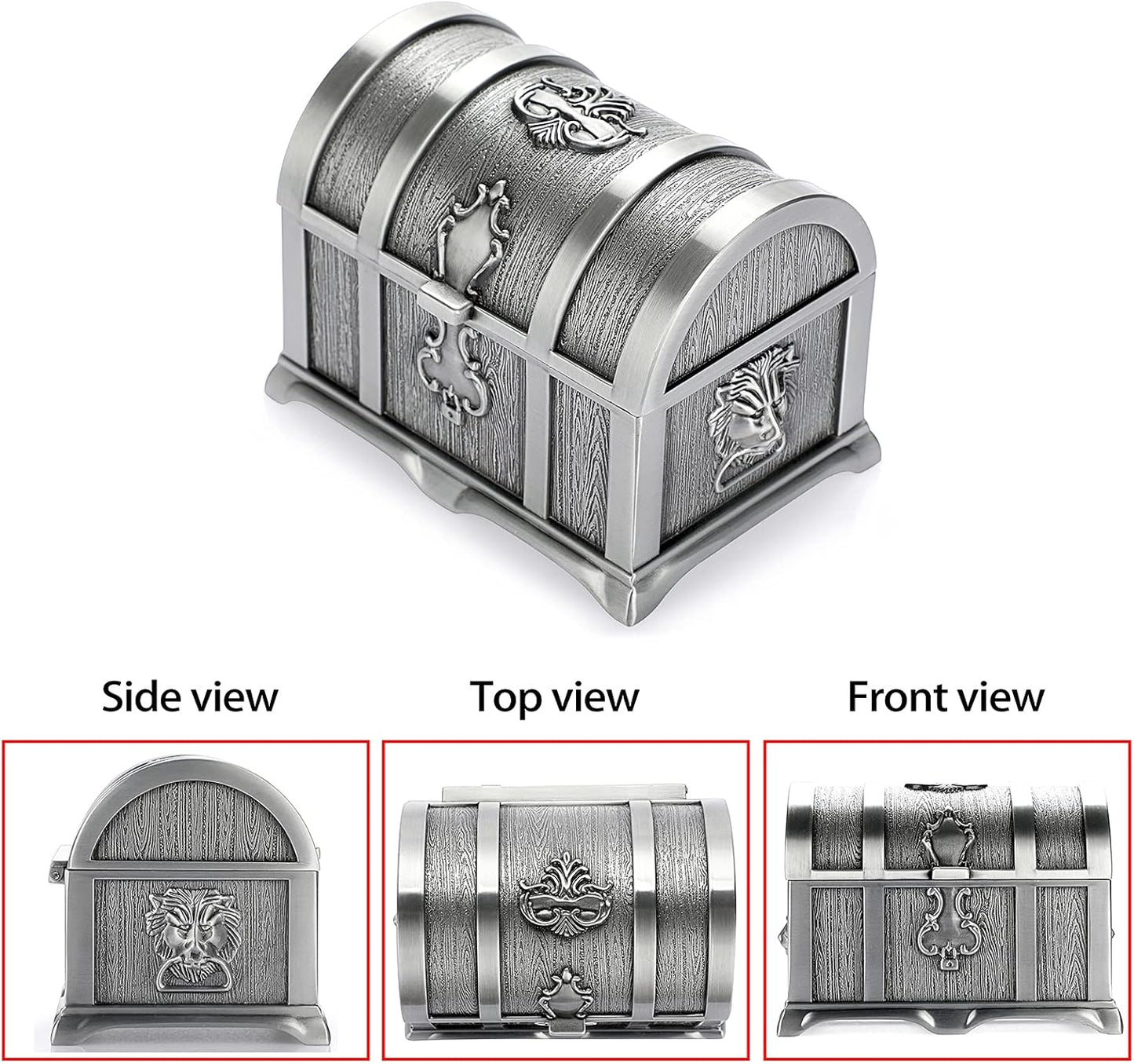 Vintage Metal Jewelry Box Treasure Trinket Chest,Smal Ring Earrings Necklace Keepsake Gift Holder Case for Ladies Women (Small) (Metallic Grey, Medium)