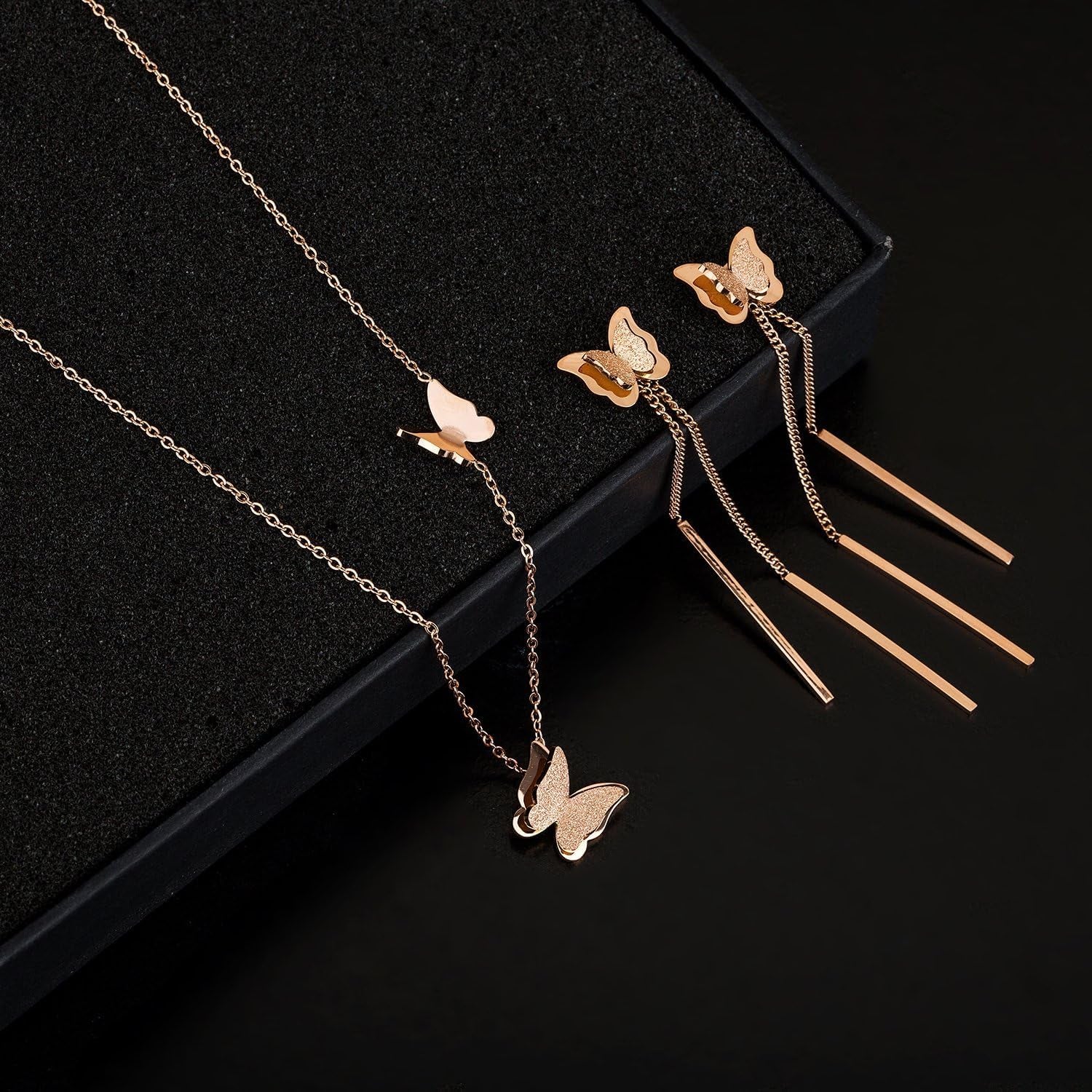 Stainless Steel Butterfly Necklace Earrings Set for Women 14K Gold Plated Hypoallergenic Jewelry Sets