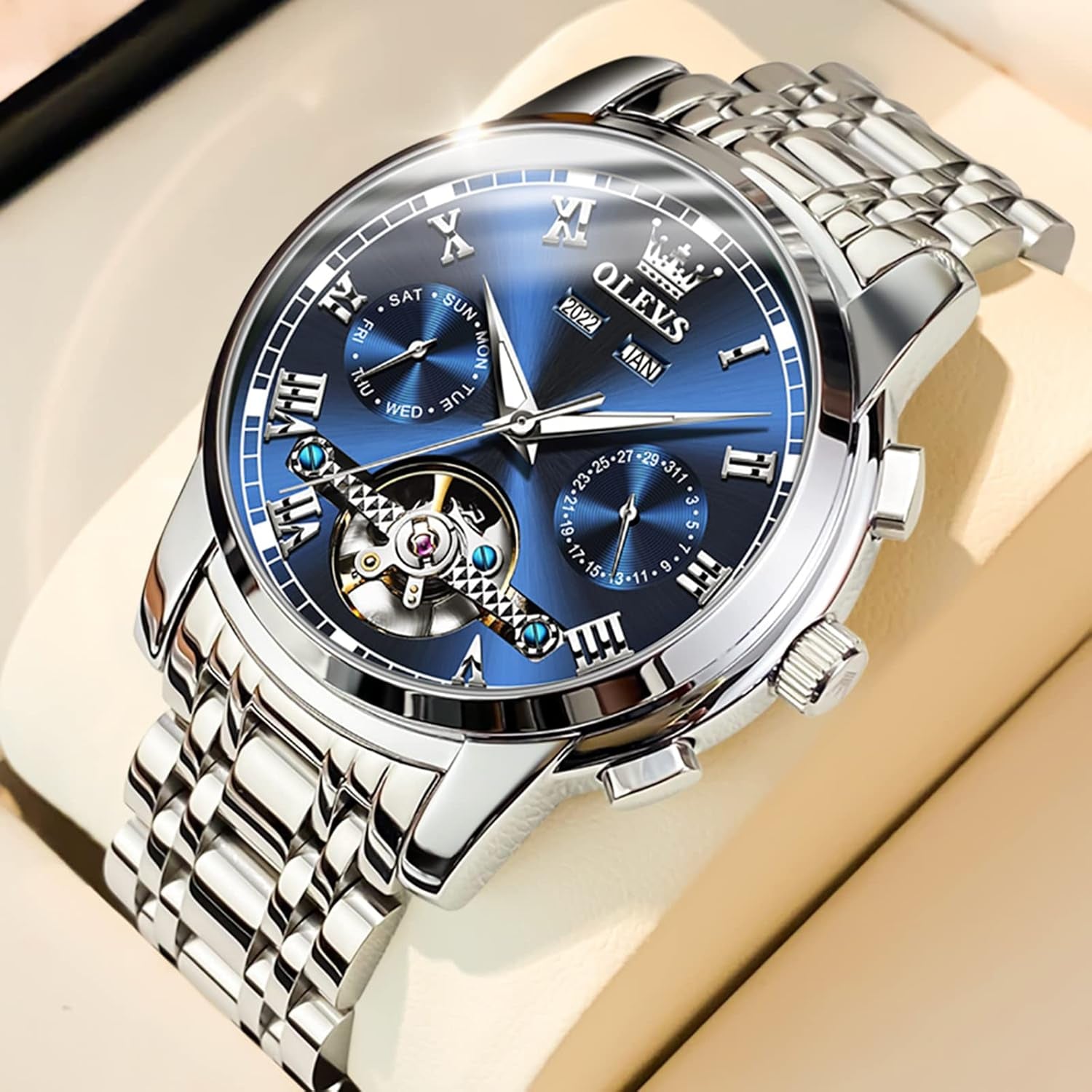 Automatic Watch(No Battery Required) Men'S Wrist Watches Self-Wind Mechanical Watches Fashion Classic Tourbillon Skeleton Watch Black Blue Green Face,Adjustable Bracelet (Gift Tool)