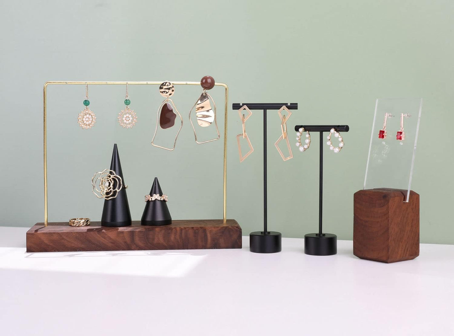 Walnut Earring Holder for Selling, Brass Earring Stands and Displays for Show, Wood Jewelry Storage Hanging Shelf for Girl Woman【Walnut U Shelf Height 5.91"-Small】