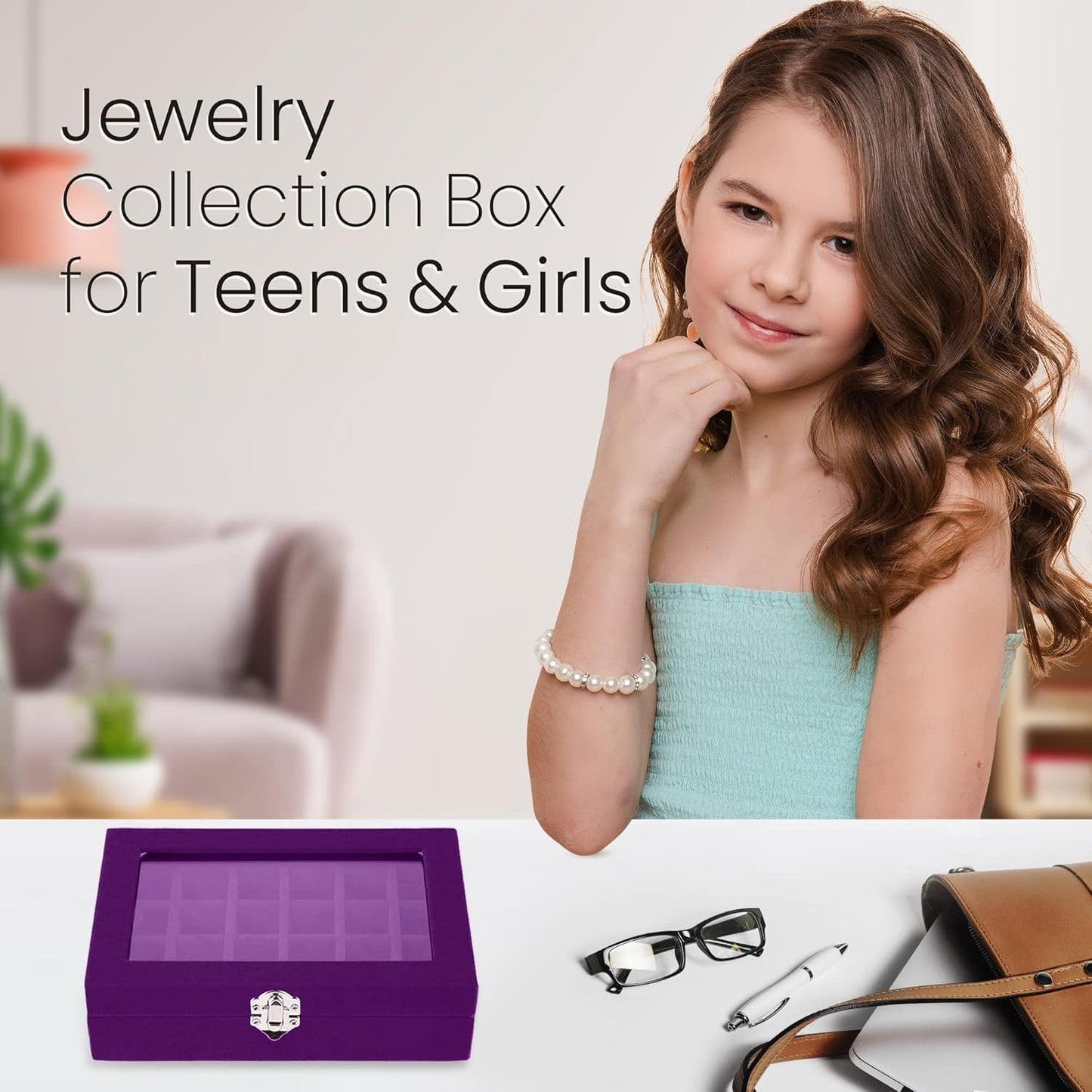 Velvet Earring Jewelry Box - 24 Grid Small Jewelry Earring Organizer Box with Snap Button - Earring Holder for Girls and Teen, Secure and Travel Friendly (Purple)