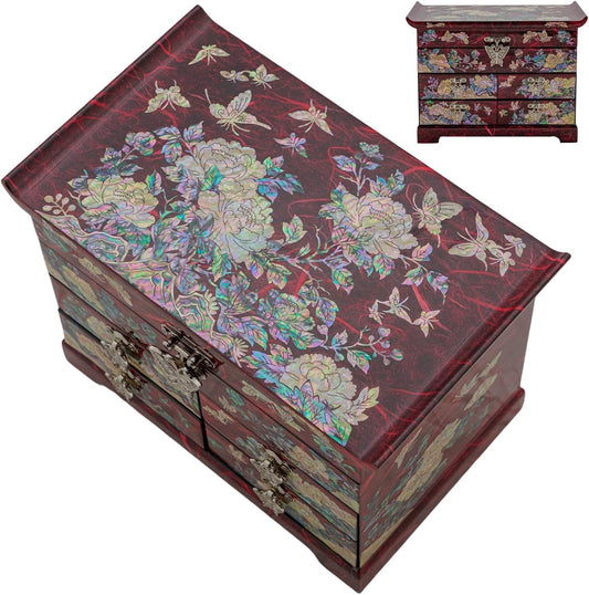 Mother of Pearl Wooden Jewelry Organizer Box – Jewelry Storage Box for Women, Features Spacious Drawers, Ideal for Rings, Bracelets, Watches, Chains, Accessories