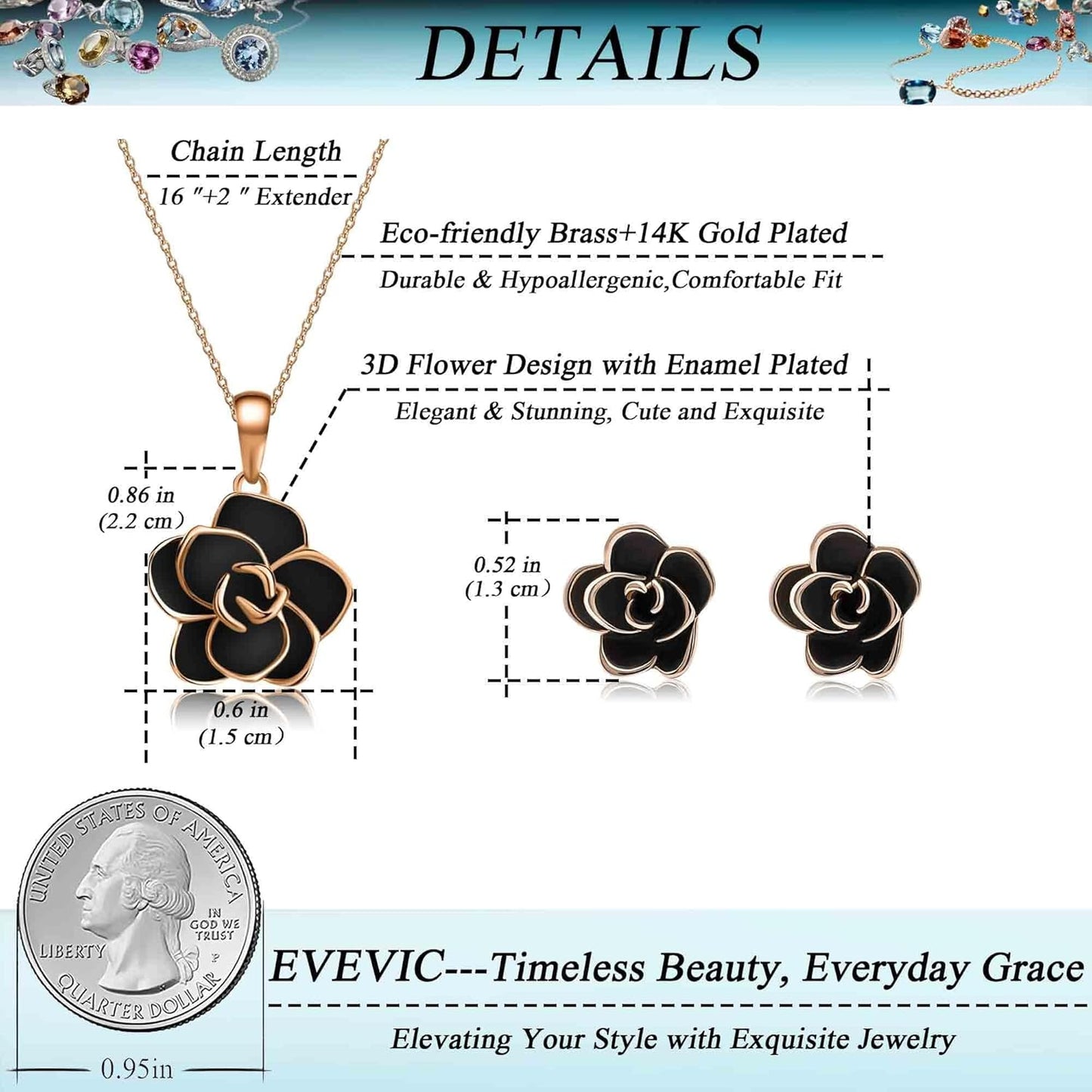 Rose Flower Necklace Earrings Set for Women 18K Gold Plated Hypoallergenic Jewelry Sets