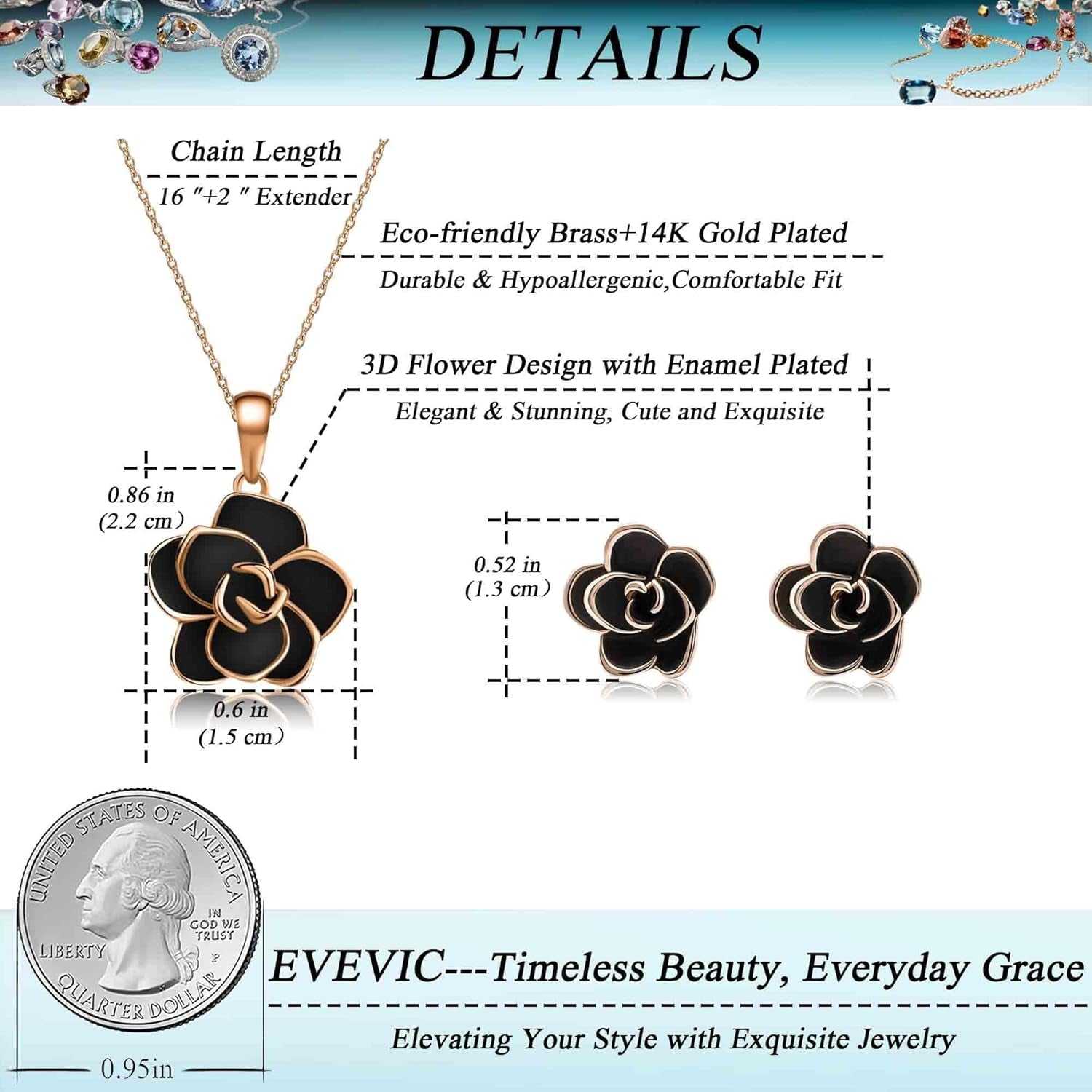 Rose Flower Necklace Earrings Set for Women 18K Gold Plated Hypoallergenic Jewelry Sets