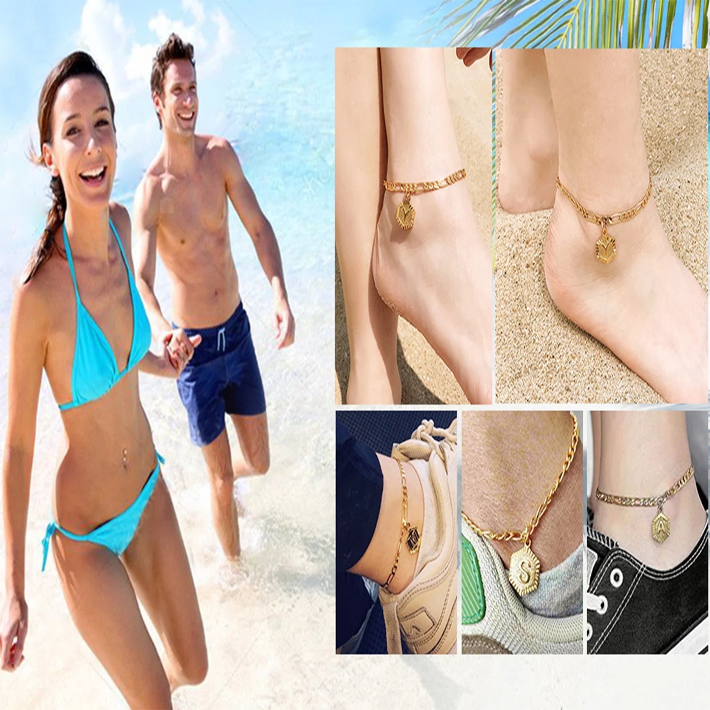 14K Gold Plated Initial Ankle Bracelets for Women with Letter K Figaro Cuban Link Anklet Jewelry Gift