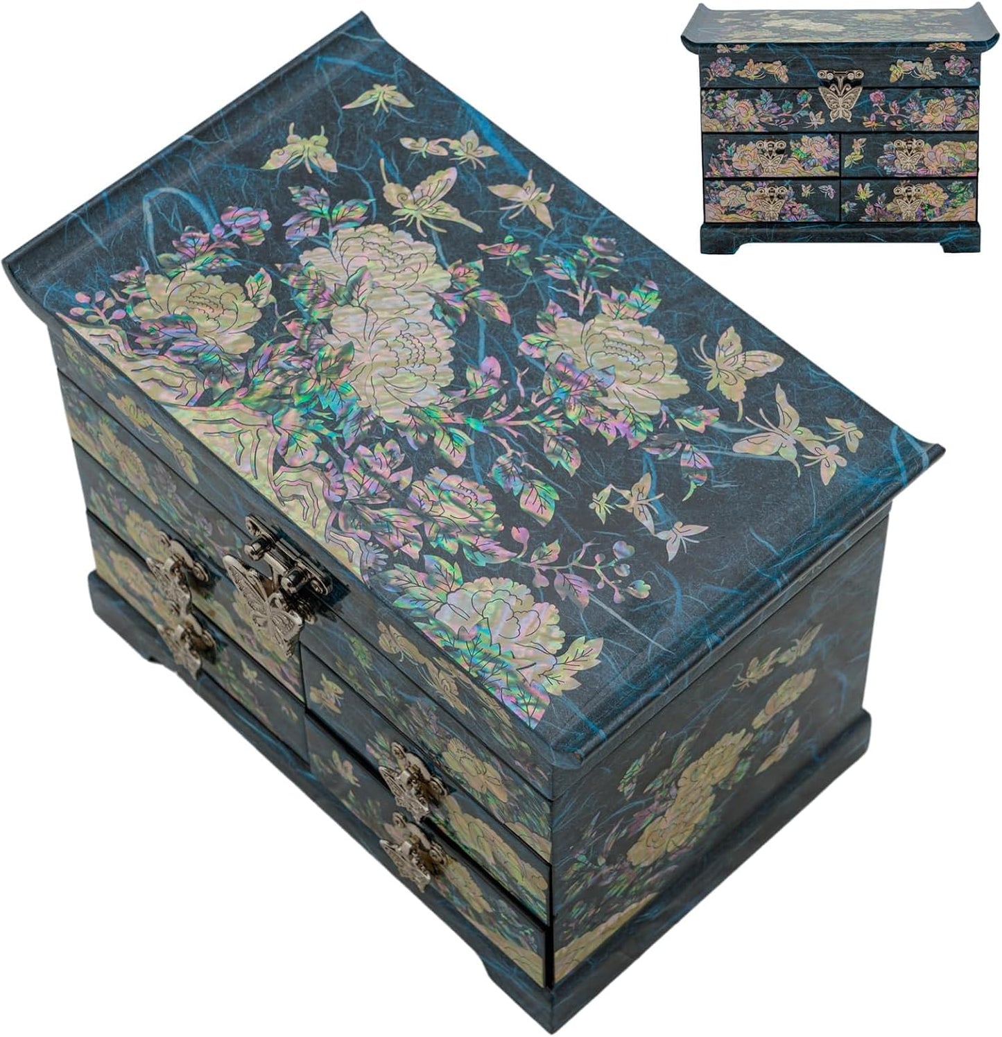 Mother of Pearl Wooden Jewelry Organizer Box – Jewelry Storage Box for Women, Features Spacious Drawers, Ideal for Rings, Bracelets, Watches, Chains, Accessories (Peony_Blue)