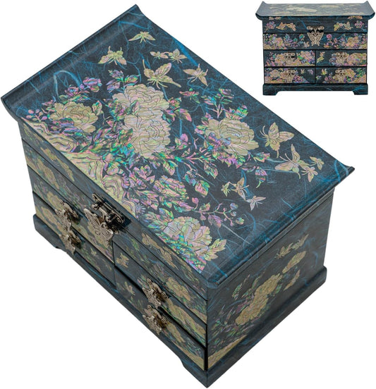 Mother of Pearl Wooden Jewelry Organizer Box – Jewelry Storage Box for Women, Features Spacious Drawers, Ideal for Rings, Bracelets, Watches, Chains, Accessories (Peony_Blue)