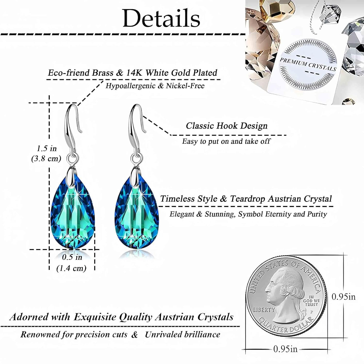 Austrian Crystal Teardrop Dangle Hook Earrings for Women 14K Gold Plated Hypoallergenic Jewelry