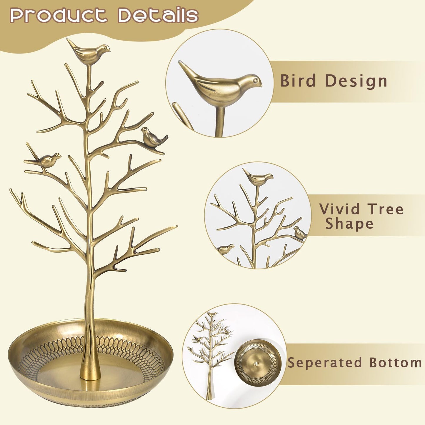 Jewelry Display Necklace Earring Organizer Holder Metal Birds Tree Stand