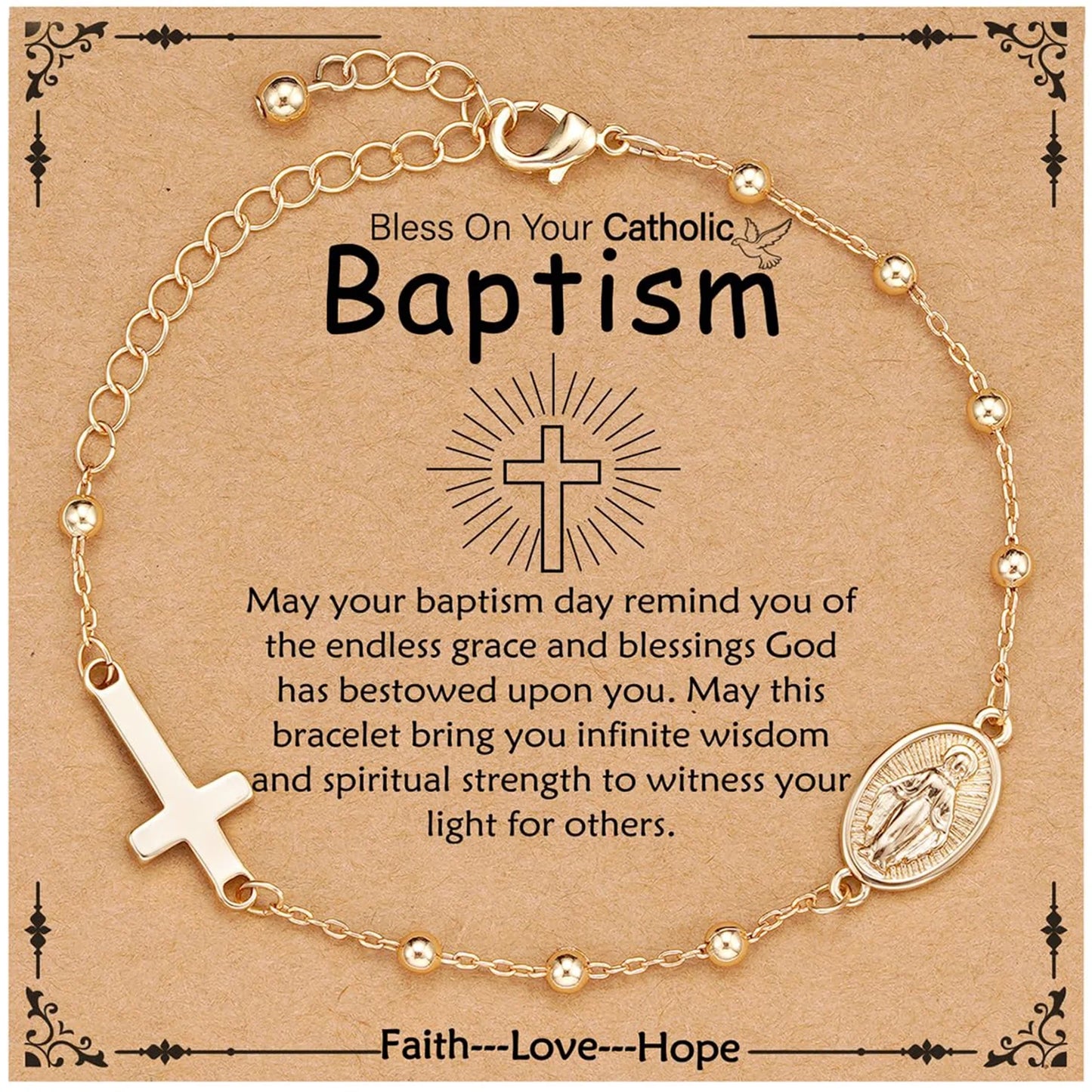 Catholic Baptism Gifts for Kids Girls Women Teen Daughter Granddaughter,Rosary Beads Virgin Mary Chain Charm Gold Cross Bracelet Christian Religious Jewelry Gifts for Girls Women Age