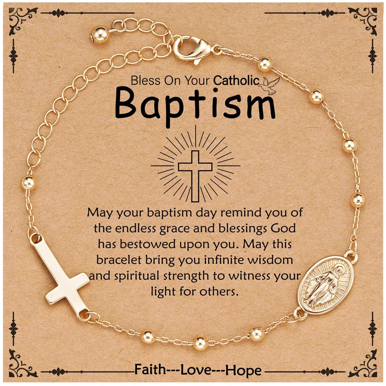 Catholic Baptism Gifts for Kids Girls Women Teen Daughter Granddaughter,Rosary Beads Virgin Mary Chain Charm Gold Cross Bracelet Christian Religious Jewelry Gifts for Girls Women Age