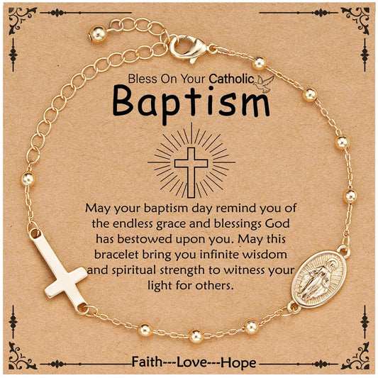 Catholic Baptism Gifts for Kids Girls Women Teen Daughter Granddaughter,Rosary Beads Virgin Mary Chain Charm Gold Cross Bracelet Christian Religious Jewelry Gifts for Girls Women Age