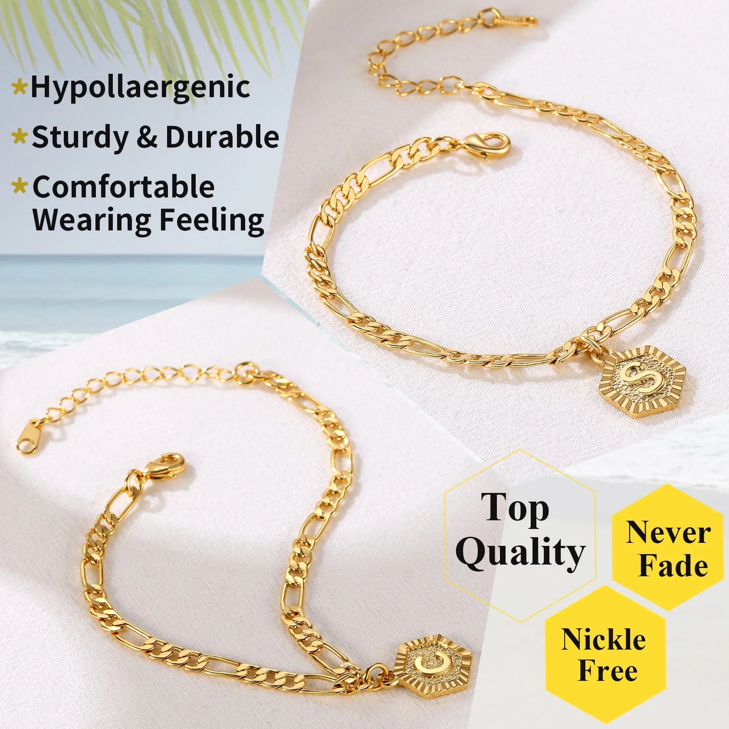 14K Gold Plated Initial Ankle Bracelets for Women with Letter K Figaro Cuban Link Anklet Jewelry Gift