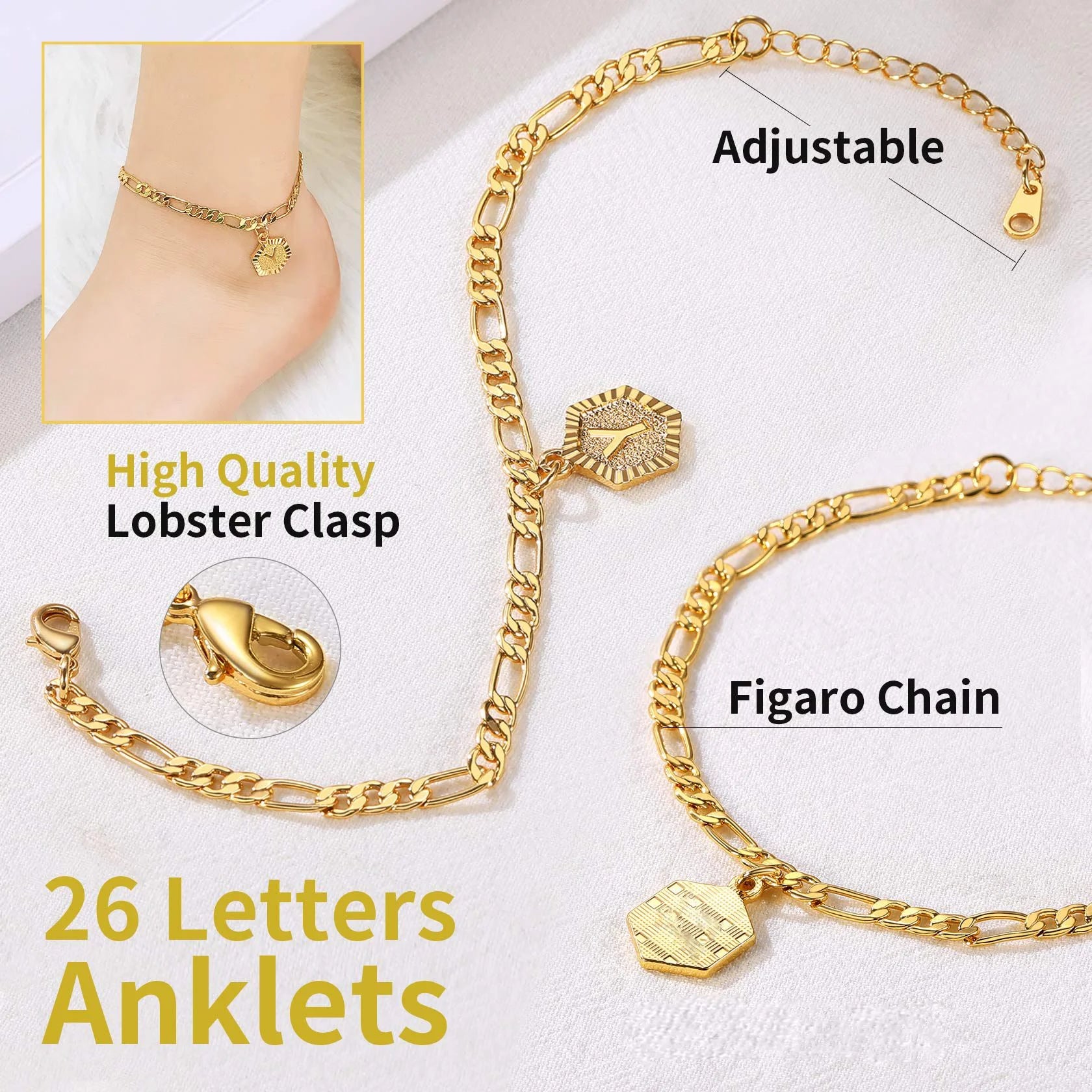 14K Gold Plated Initial Ankle Bracelets for Women with Letter K Figaro Cuban Link Anklet Jewelry Gift