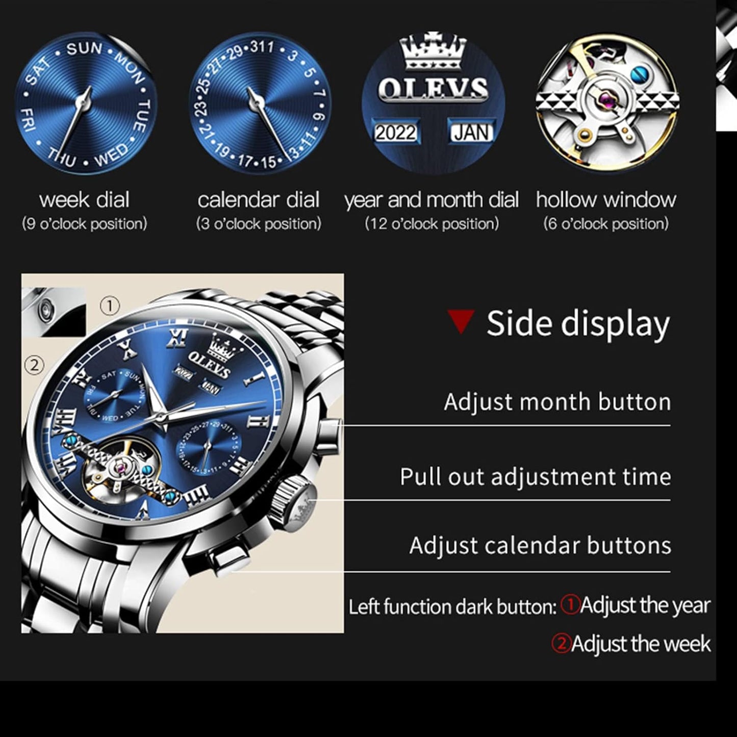 Automatic Watch(No Battery Required) Men'S Wrist Watches Self-Wind Mechanical Watches Fashion Classic Tourbillon Skeleton Watch Black Blue Green Face,Adjustable Bracelet (Gift Tool)