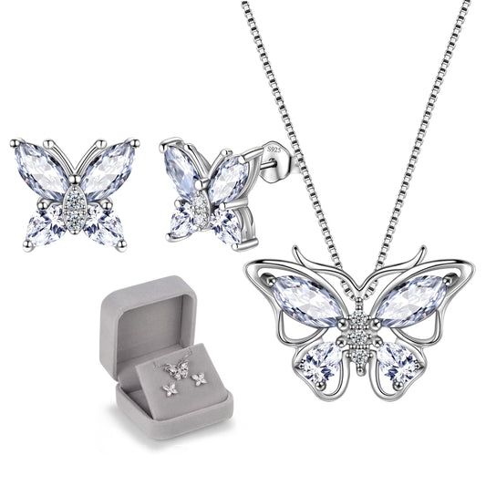 April Birthstone Jewelry Diamond White Butterfly Jewelry Set Fine Necklace Earrings Sterling Silver Women Birthday Wedding Mother'S Day Gifts