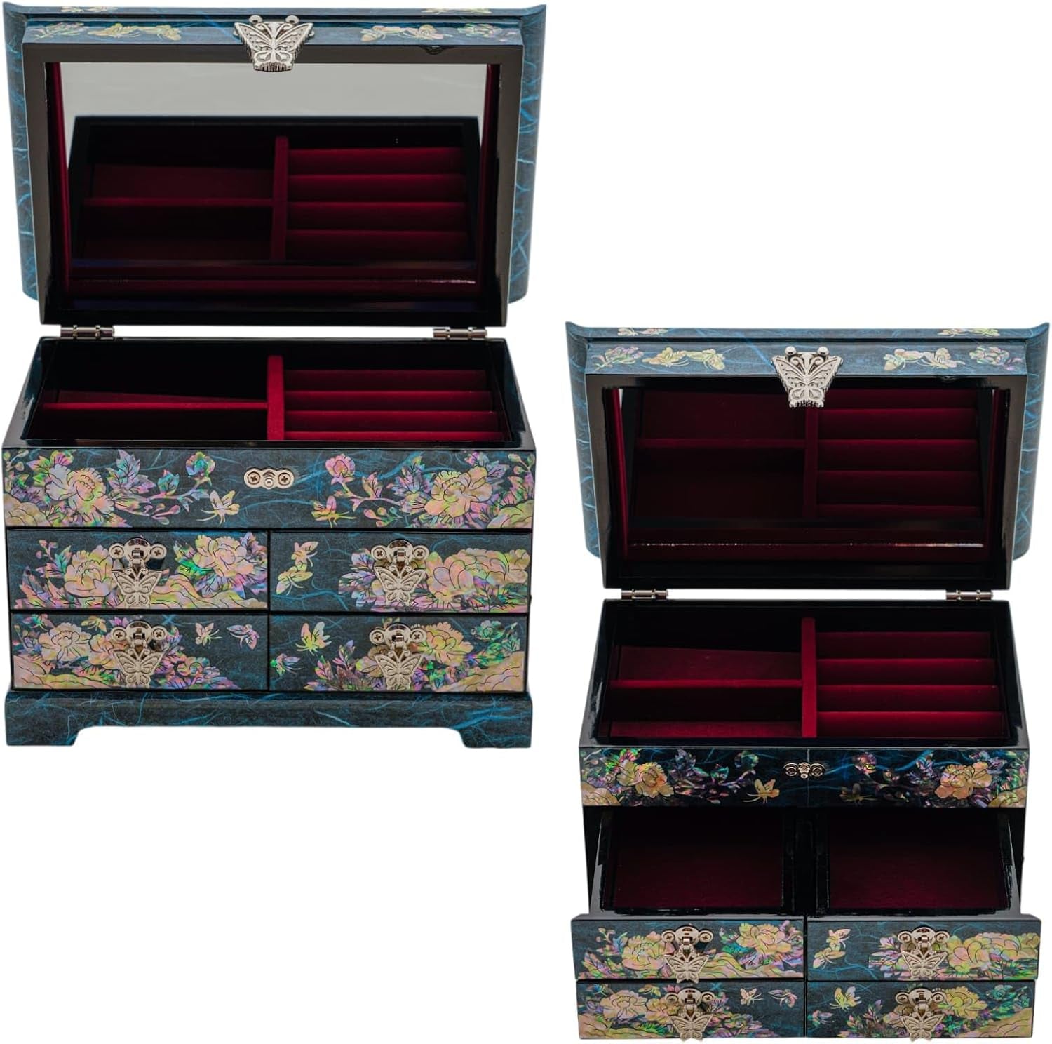 Mother of Pearl Wooden Jewelry Organizer Box – Jewelry Storage Box for Women, Features Spacious Drawers, Ideal for Rings, Bracelets, Watches, Chains, Accessories (Peony_Blue)