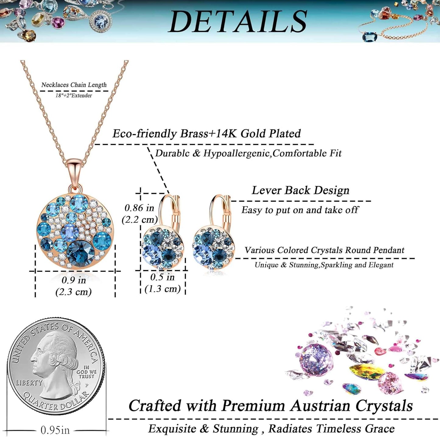 Austrian Crystals round Disc Pendant Necklace Earrings for Women 14K Gold Plated Hypoallergenic Jewelry Sets