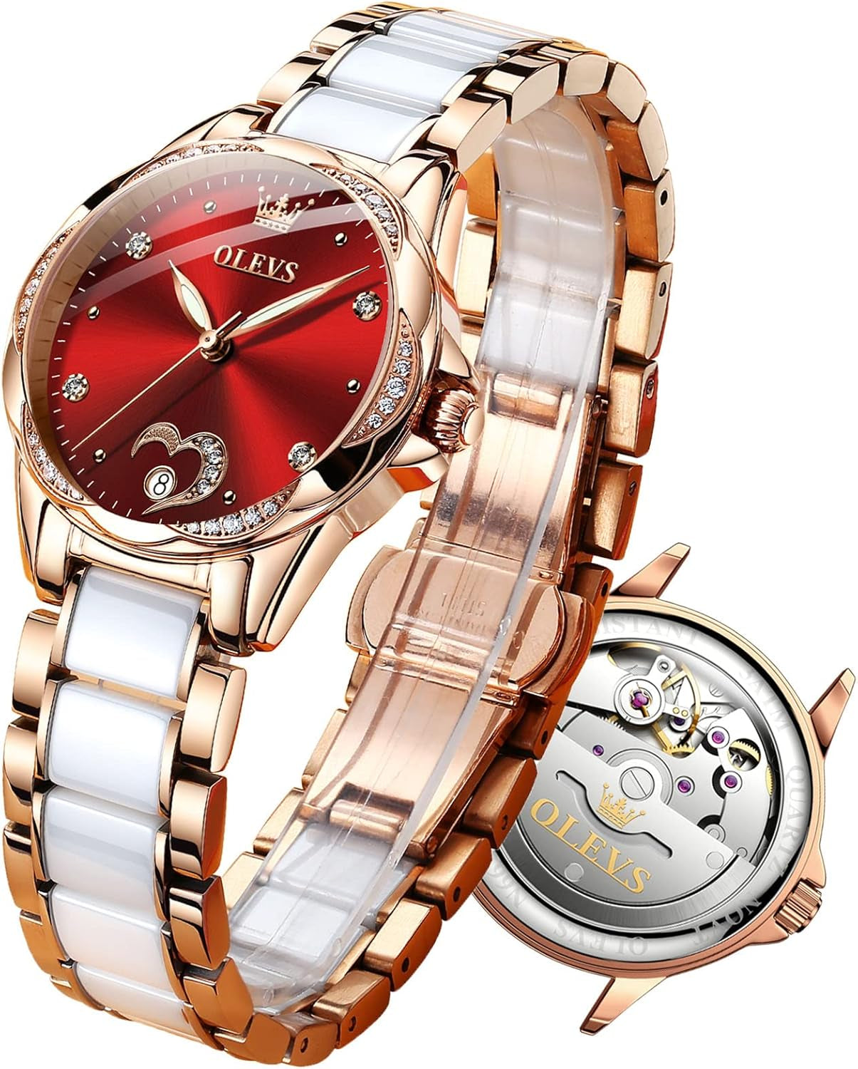 Watch Women,Automatic Watches for Women with Two Tone Stainless Steel Bracelet, Elegent Rose Gold Women'S Watches,Diamond Dress Watches for Women,Blue/Red/White Dial Reloj Para Muje