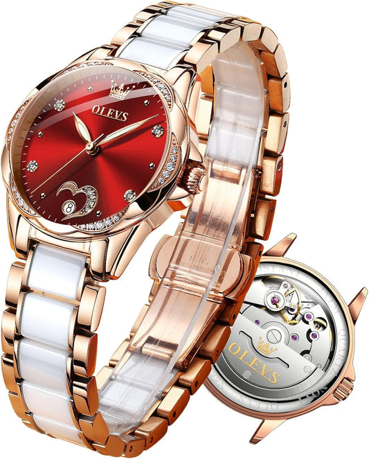Watch Women,Automatic Watches for Women with Two Tone Stainless Steel Bracelet, Elegent Rose Gold Women'S Watches,Diamond Dress Watches for Women,Blue/Red/White Dial Reloj Para Muje
