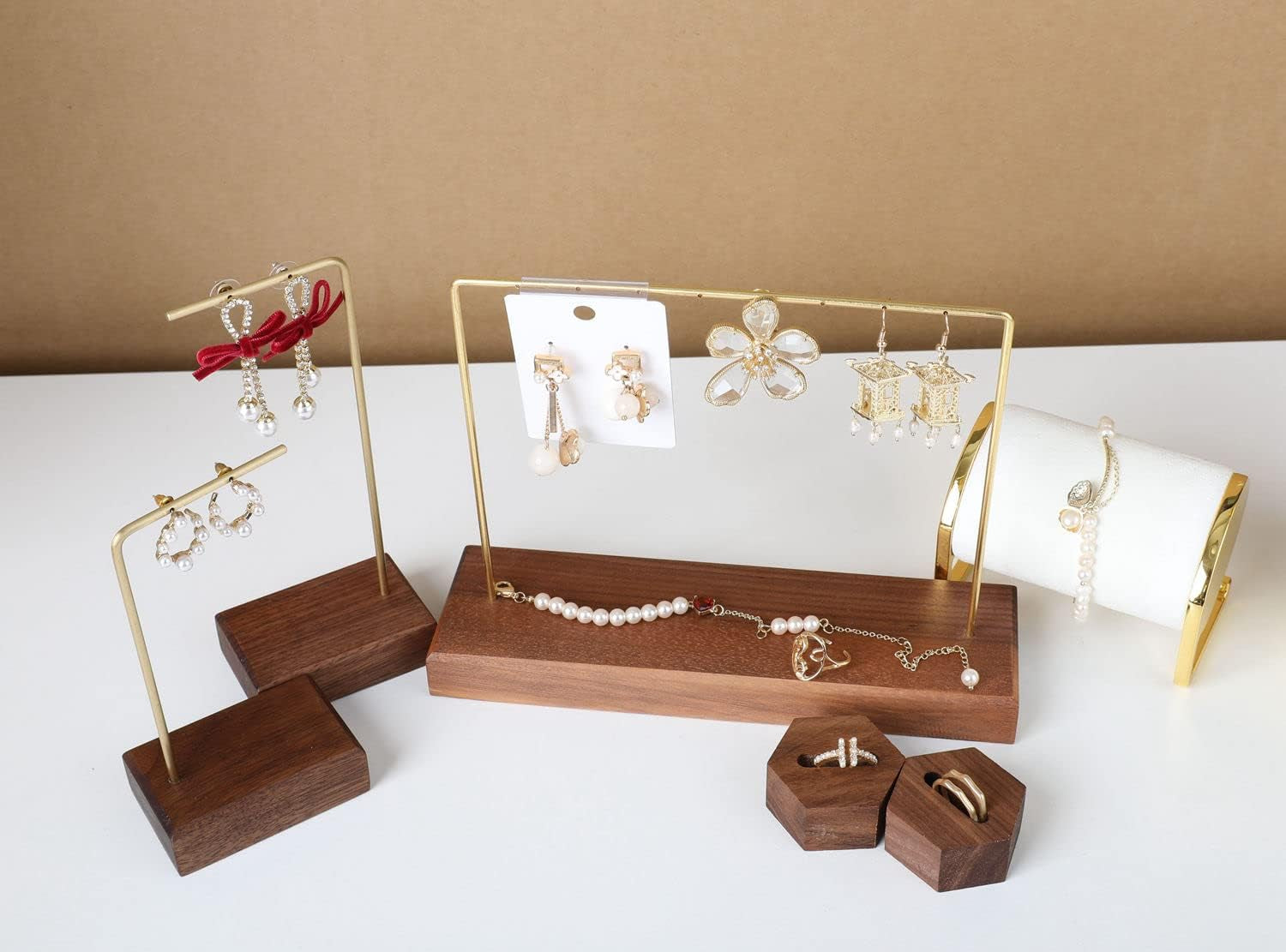 Walnut Earring Holder for Selling, Brass Earring Stands and Displays for Show, Wood Jewelry Storage Hanging Shelf for Girl Woman【Walnut U Shelf Height 5.91"-Small】