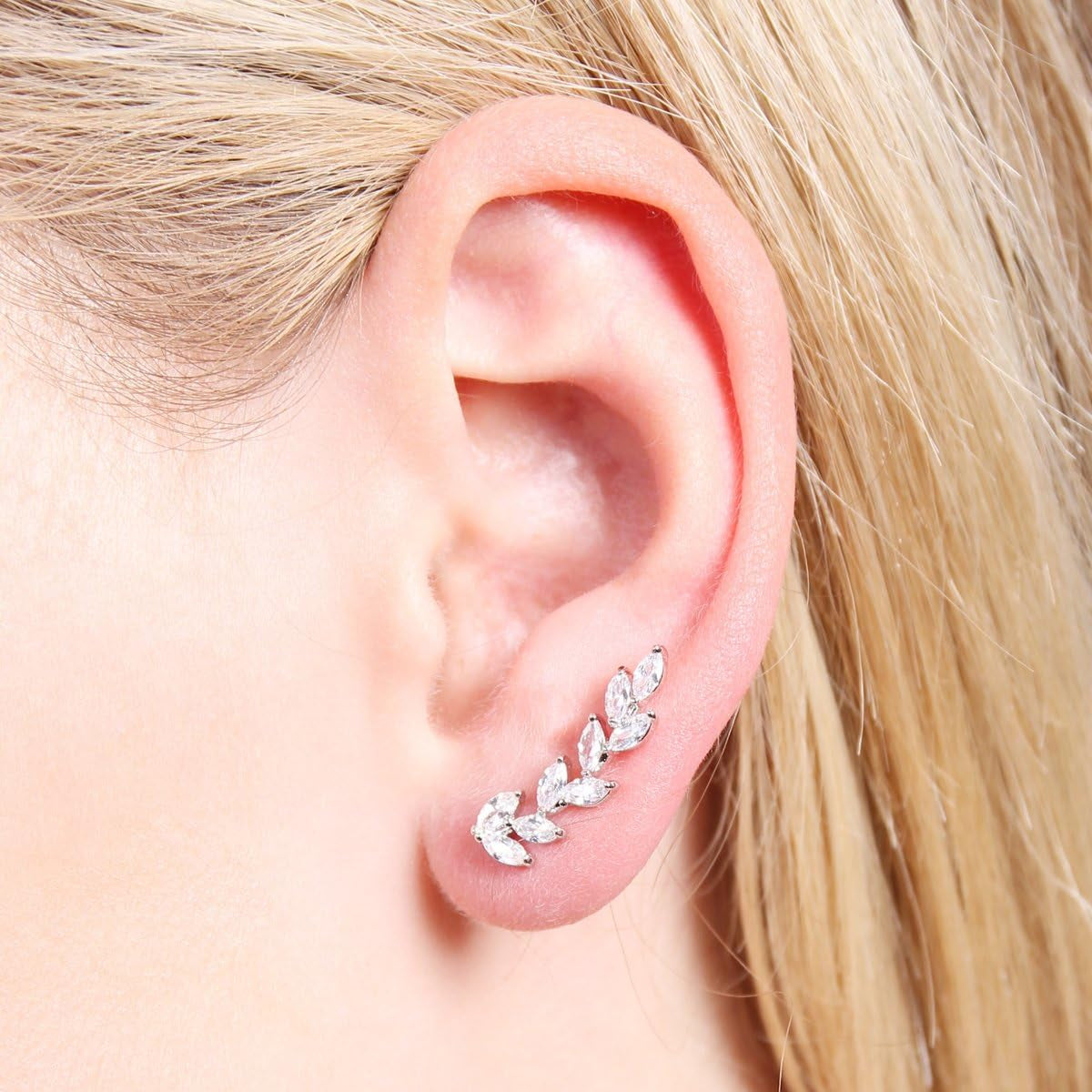 Sparkly Rhinestone Pave Ear Crawler Earrings - Delicate Cubic Crystal Earlobe Cuff Climber Floral Petal, Leaf Branch, Feather, Star, Geometric