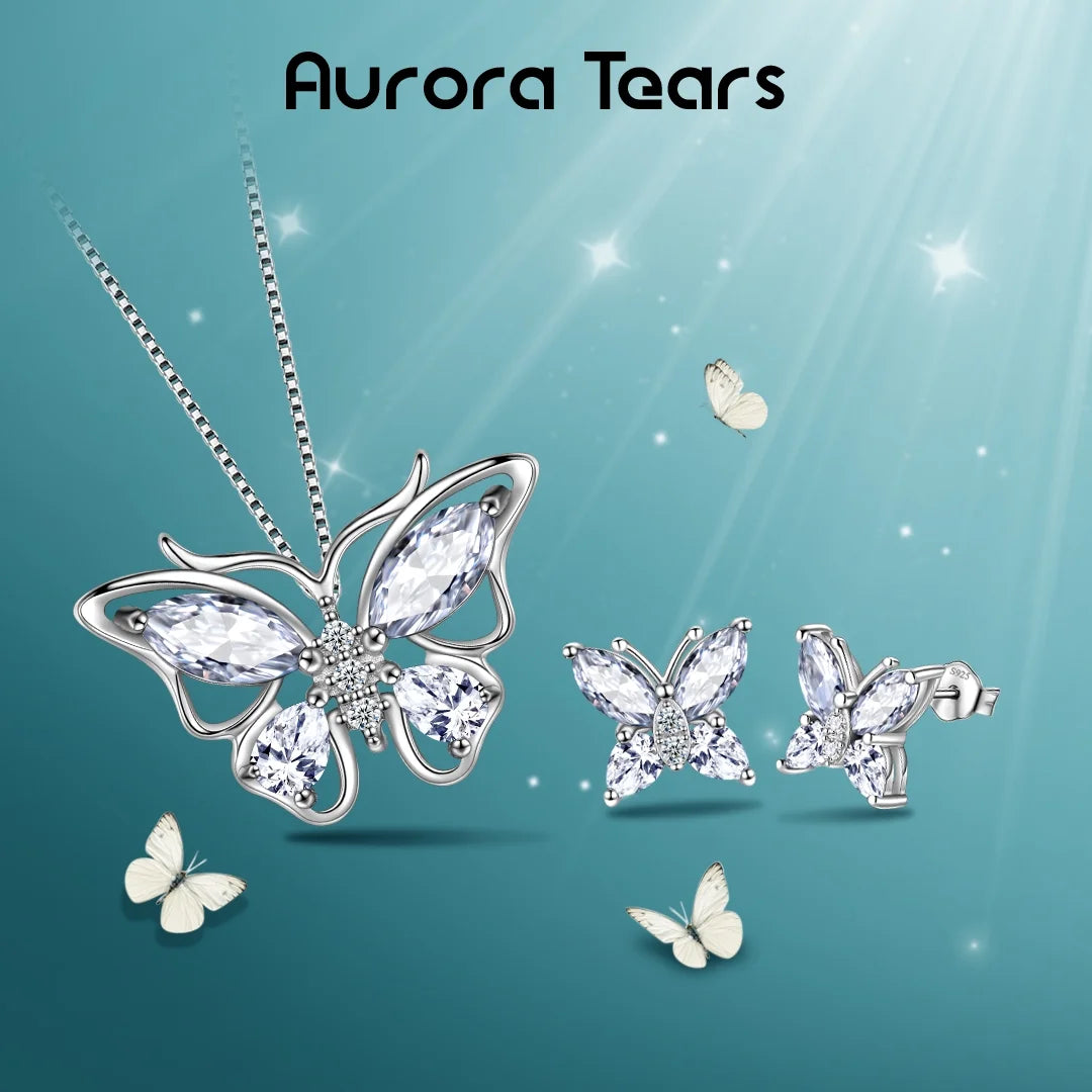 April Birthstone Jewelry Diamond White Butterfly Jewelry Set Fine Necklace Earrings Sterling Silver Women Birthday Wedding Mother'S Day Gifts