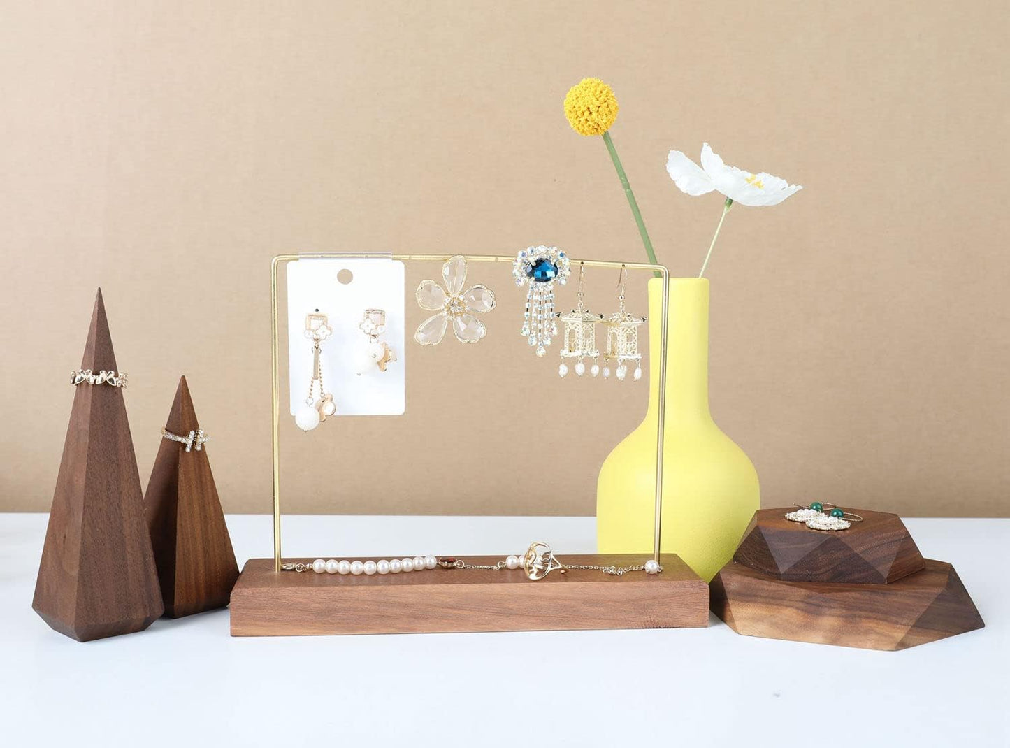 Walnut Earring Holder for Selling, Brass Earring Stands and Displays for Show, Wood Jewelry Storage Hanging Shelf for Girl Woman【Walnut U Shelf Height 5.91"-Small】