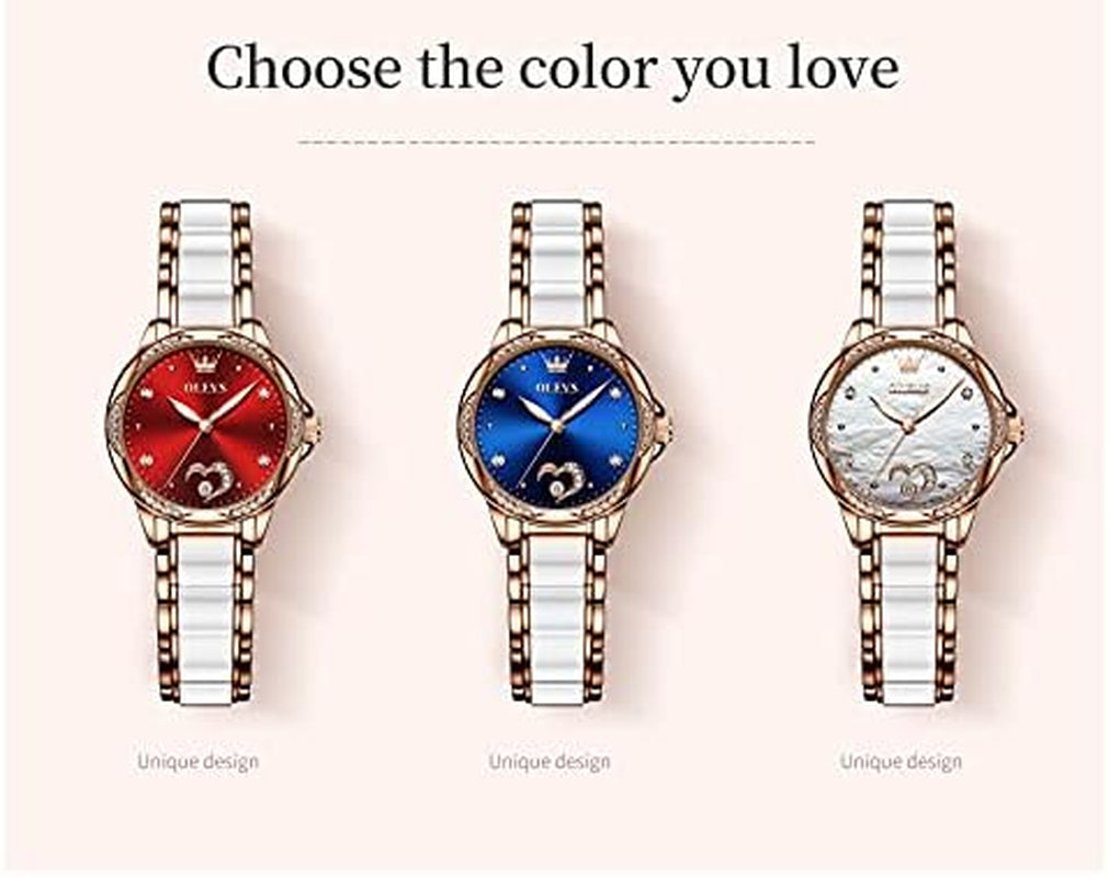 Watch Women,Automatic Watches for Women with Two Tone Stainless Steel Bracelet, Elegent Rose Gold Women'S Watches,Diamond Dress Watches for Women,Blue/Red/White Dial Reloj Para Muje